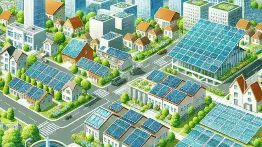 "Panel surya modern terpasang di atap bangunan ramah lingkungan dengan sistem pengolahan air mandiri, mendukung keberlanjutan dan efisiensi energi."