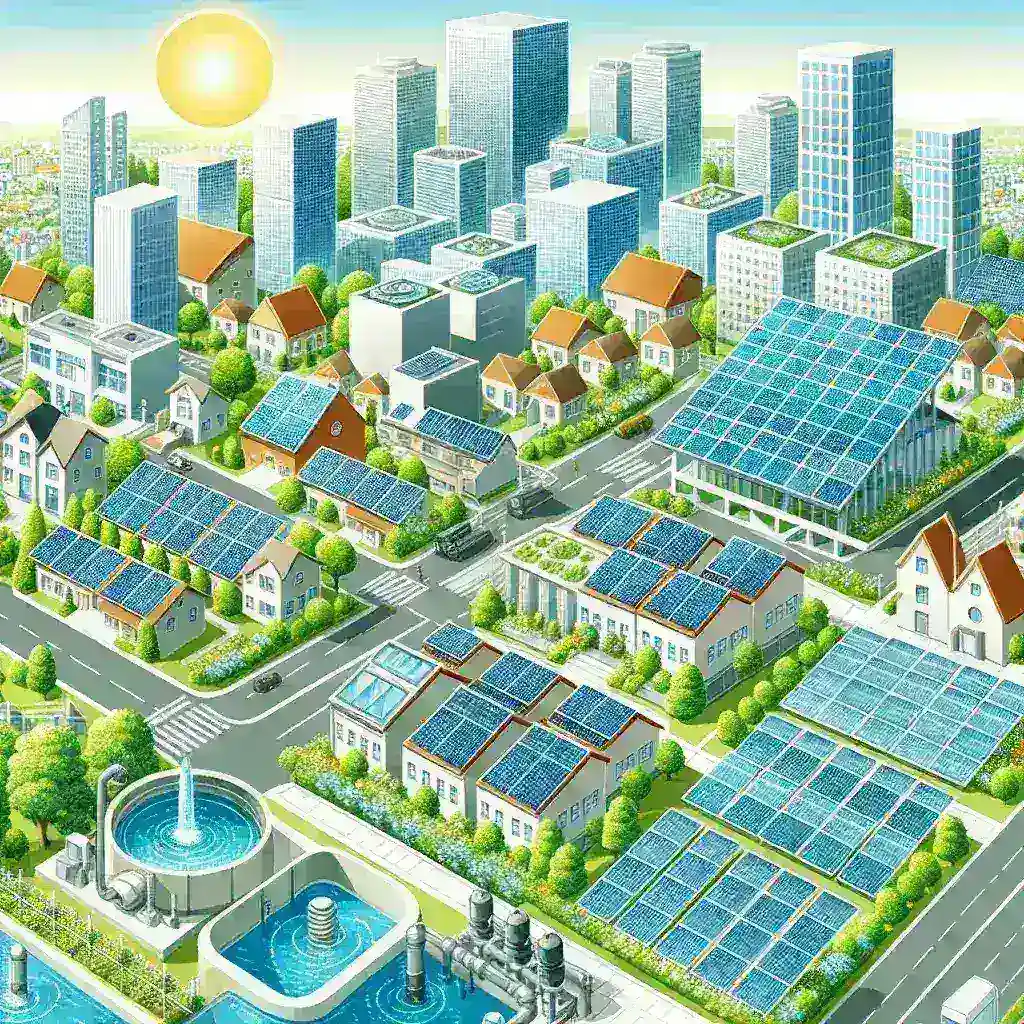 "Panel surya modern terpasang di atap bangunan ramah lingkungan dengan sistem pengolahan air mandiri, mendukung keberlanjutan dan efisiensi energi."