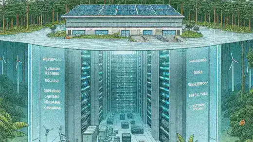 "Ilustrasi pembangunan pusat data tahan banjir di Kalimantan, Indonesia, menampilkan struktur modern dan teknologi ramah lingkungan untuk mengatasi risiko banjir."