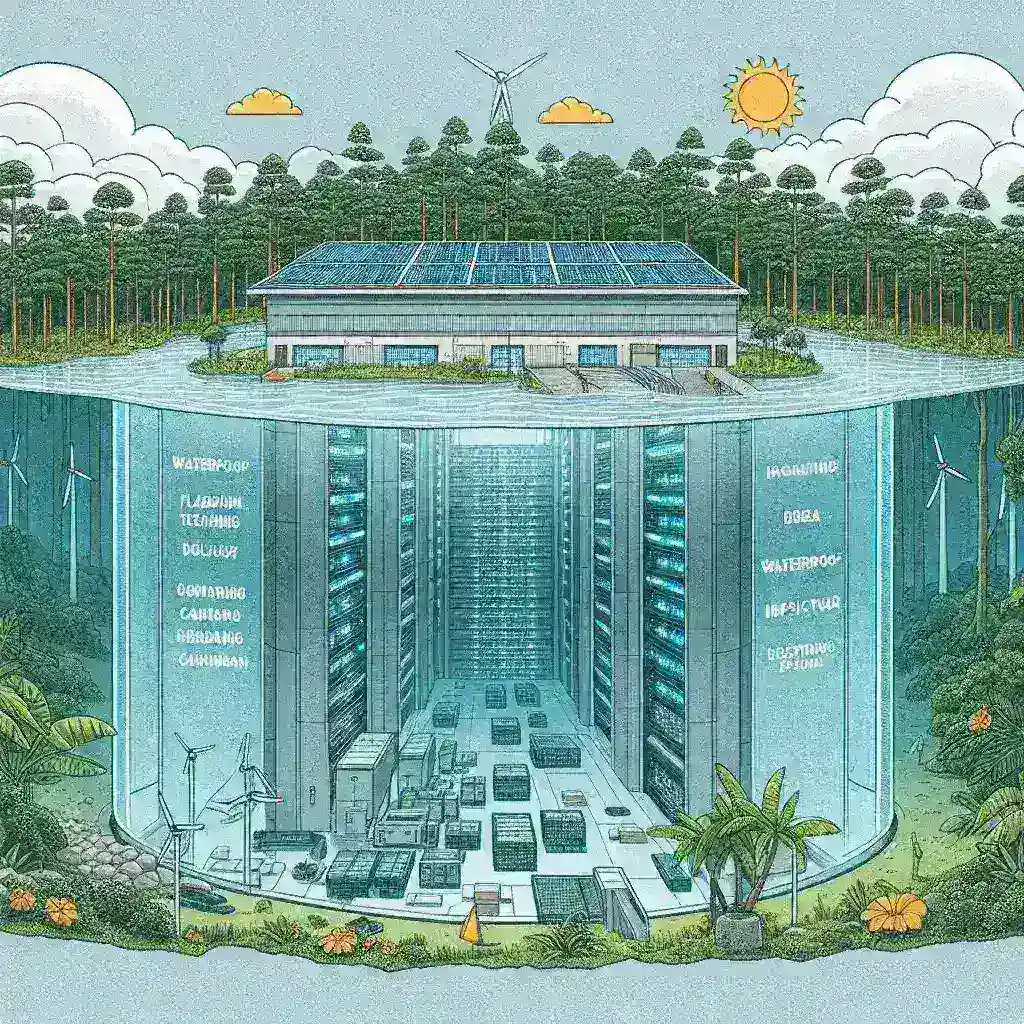 "Ilustrasi pembangunan pusat data tahan banjir di Kalimantan, Indonesia, menampilkan struktur modern dan teknologi ramah lingkungan untuk mengatasi risiko banjir."
