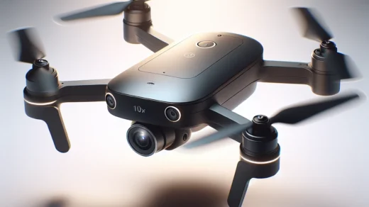 "DJI Mini Drone dengan zoom optik 10x terbang di atas pemandangan indah, menunjukkan kemampuan fotografi yang luar biasa dan desain kompaknya."