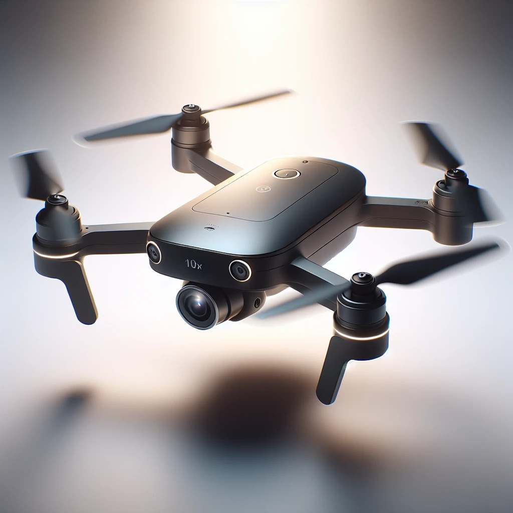 "DJI Mini Drone dengan zoom optik 10x terbang di atas pemandangan indah, menunjukkan kemampuan fotografi yang luar biasa dan desain kompaknya."