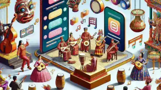 Alt text: "Pengembangan platform digital untuk preservasi dan monetisasi seni pertunjukan tradisional, menampilkan seniman tradisional sedang beraksi di panggung dengan latar belakang teknologi modern."