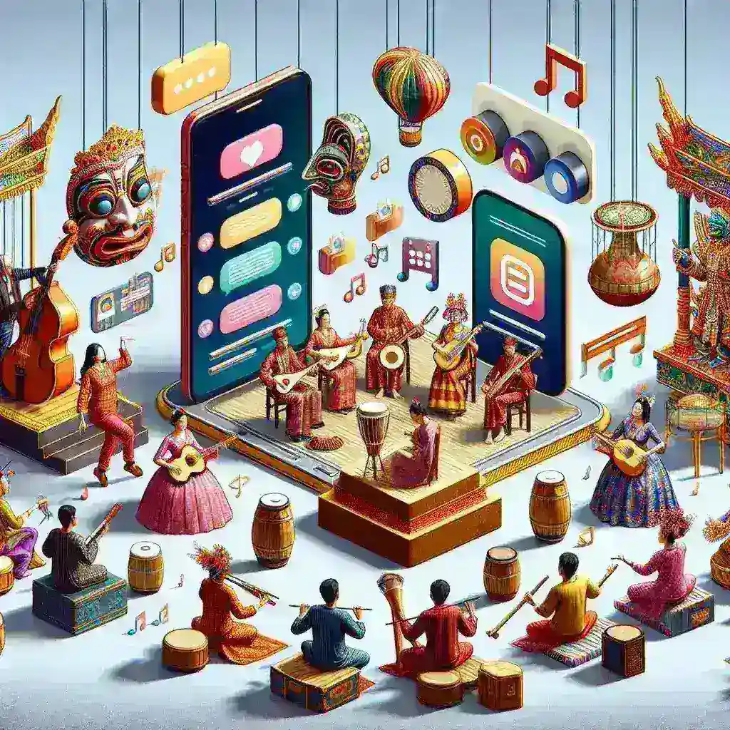 Alt text: "Pengembangan platform digital untuk preservasi dan monetisasi seni pertunjukan tradisional, menampilkan seniman tradisional sedang beraksi di panggung dengan latar belakang teknologi modern."