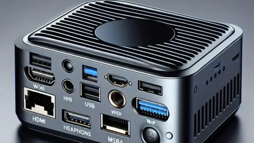 "Various connectivity options on the MINISFORUM AI X1 Pro Mini PC, including USB, HDMI, and Ethernet ports, showcased in an informative article about its specifications."