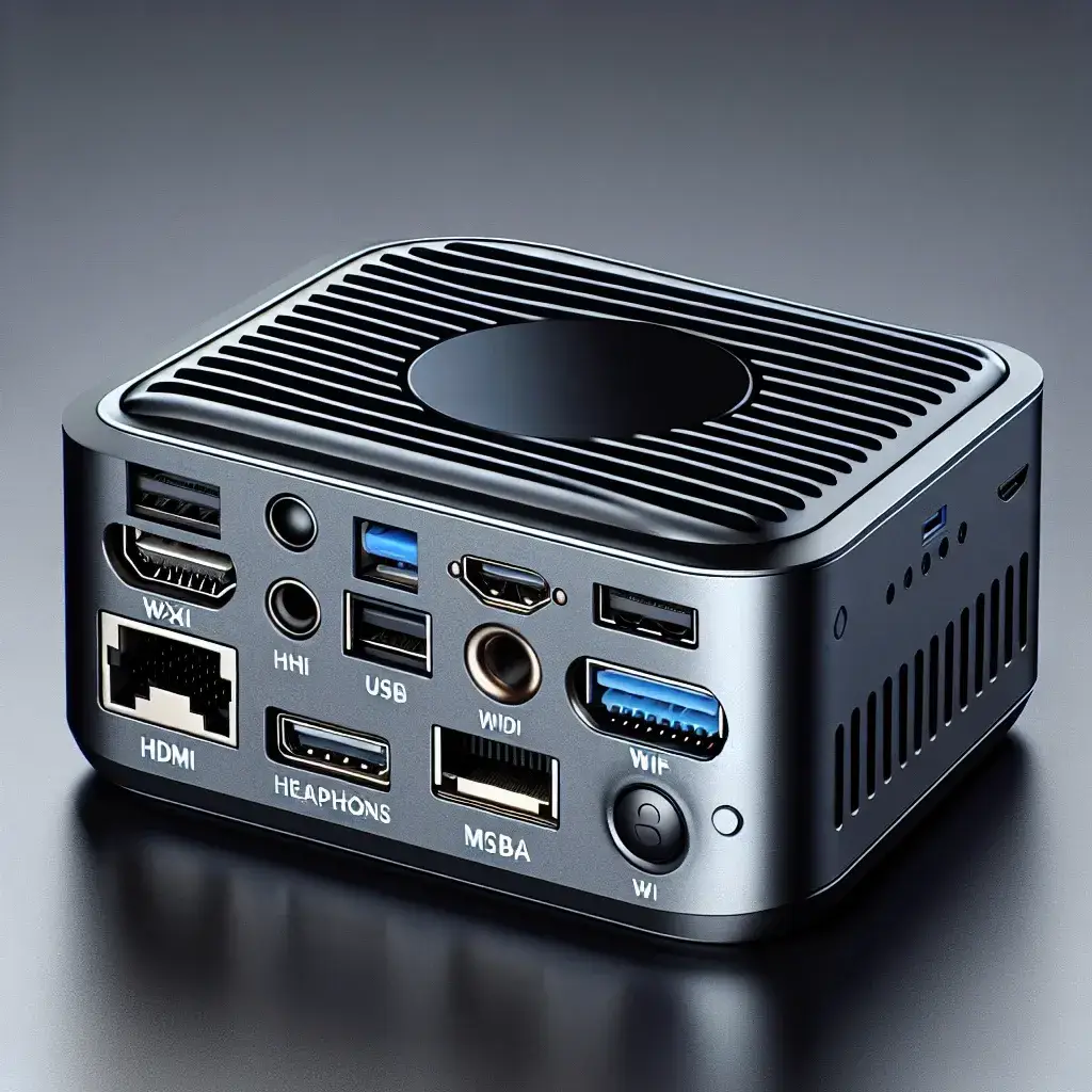 "Various connectivity options on the MINISFORUM AI X1 Pro Mini PC, including USB, HDMI, and Ethernet ports, showcased in an informative article about its specifications."