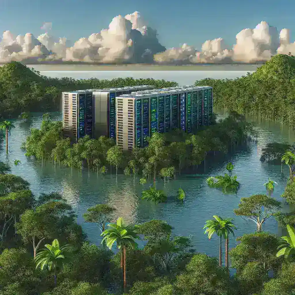 "Ilustrasi pusat data tahan banjir yang sedang dibangun di Kalimantan, Indonesia, dengan struktur kuat dan teknologi canggih untuk menghadapi risiko banjir."